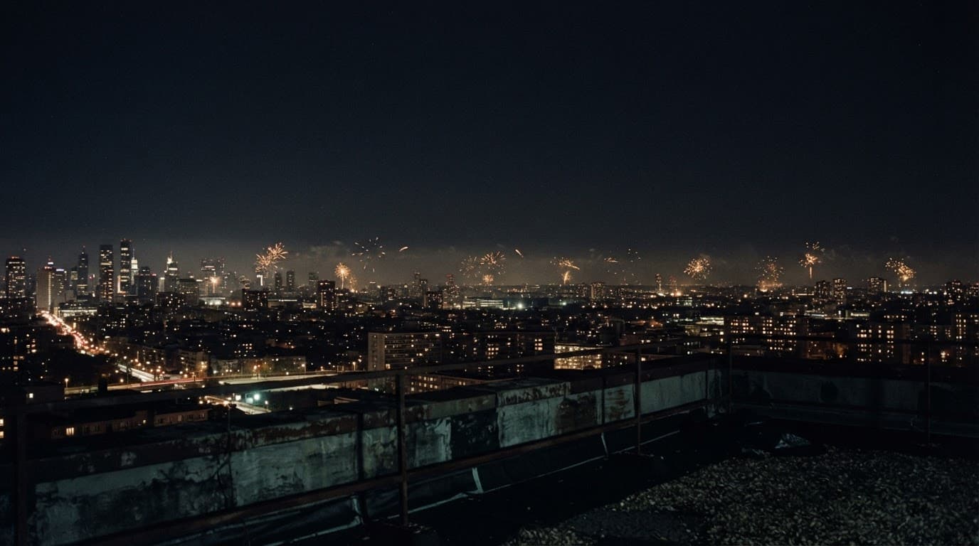 Distant fireworks over a city skyline at night.
